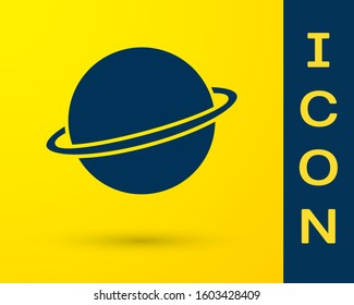 Blue Planet Saturn with planetary ring system icon isolated on yellow background.  Vector Illustration