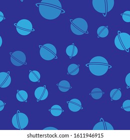 Blue Planet Saturn with planetary ring system icon isolated seamless pattern on blue background.  Vector Illustration