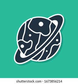 Blue Planet Saturn con el icono del sistema de anillo planetario aislado en fondo verde.  Ilustración vectorial