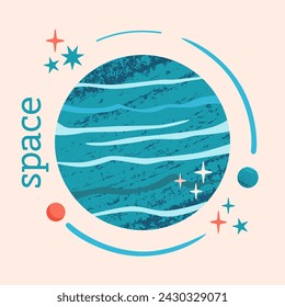 Blue planet of solar system Neptune. Vector illustration with textures in flat style. Design of logo, emblem on theme of space exploration and Cosmonautics Day.