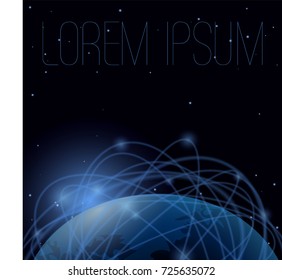 Blue planet in the web of satellite orbits. Vector abstract template for modern space communication and technologies.