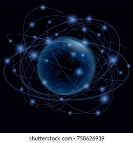 Blue planet in the web of satellite orbits. Vector abstract template for modern space communication and technologies.
