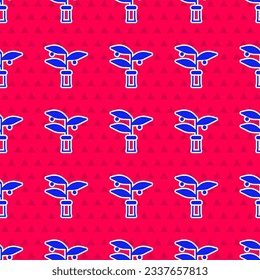 Blue Plant breeding icon isolated seamless pattern on red background. Plants growing in the test tubes. Organic food ,agriculture and hydroponic.  Vector