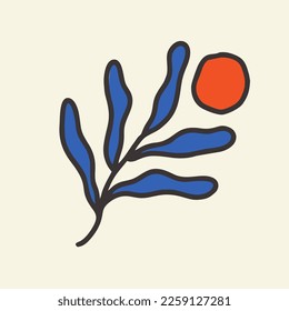 Blue plant and red circle on a white background. Abstract image. Interior poster, postcard, cover. Flat design, cartoon hand drawn, vector illustration.