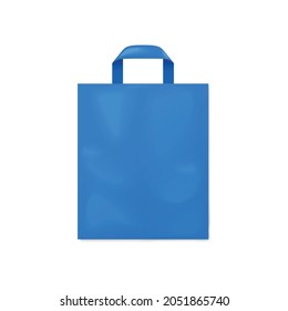 Blue plastic bag mockup - realistic blank packaging mock up isolated on white background. Retail carry on bag with handle and empty copy space, vector illustration.