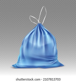 Bolsa de plástico azul para basura y basura. Burla vectorial realista de la bolsa de basura de polietileno. Saco con negrita con cadena atada aislado en fondo transparente