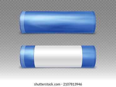 Blue plastic bag for trash and garbage. Vector realistic mockup of polyethylene trashbag in roll isolated on transparent background