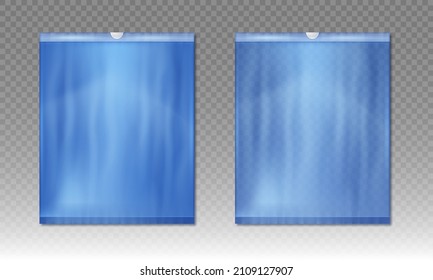 Blue plastic bag for trash and garbage. Vector realistic mockup of polyethylene trashbag  isolated on transparent background.