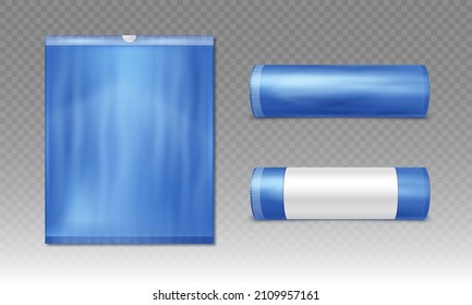 Blue plastic bag for trash and garbage. Vector realistic mockup of polyethylene trashbag  isolated on transparent background.