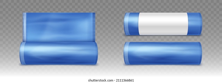 Blue plastic bag for trash and garbage. Vector realistic mockup of polyethylene trashbag in roll isolated on transparent background