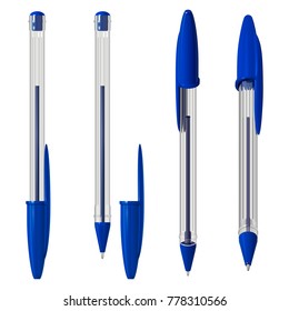 Blue plastic ballpoint pen with a cap, in a transparent hexagonal case, in several positions, on a white background