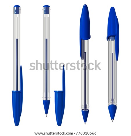 Blue plastic ballpoint pen with a cap, in a transparent hexagonal case, in several positions, on a white background