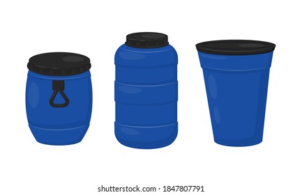 Blue Plastic Barrel with Closed Lid Vector Set