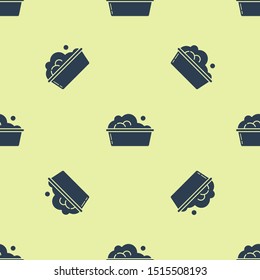 Blue Plastic basin with soap suds icon isolated seamless pattern on yellow background. Bowl with water. Washing clothes, cleaning equipment.  Vector Illustration