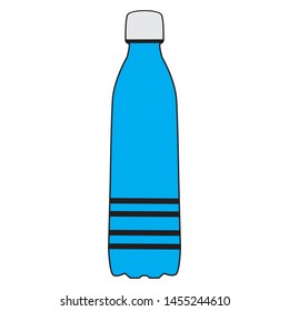Blue plastic bottle with black stripes and a white cap. Isolated on white background. Vector graphics. Stock vector illustration Copy space. There is a place for text.