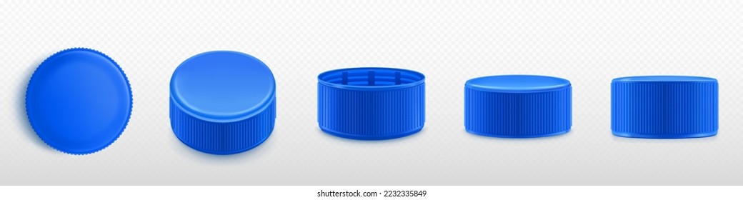 Blue plastic bottle caps png set isolated on transparent background. Realistic 3D illustration of screw lids top, side, front, upside down view. Mockup of cover for mineral water, soda, medicines