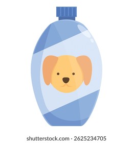 Botella plástica azul que contiene el champú o el acondicionador del perro, presentando una ilustración linda del perro