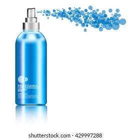 Blue plastic bottle (cosmo round style) with fine mist ribbed sprayer for cosmetic, perfume, deodorant, freshener. Ready for your design. Product packaging collection. Vector illustration. EPS10.