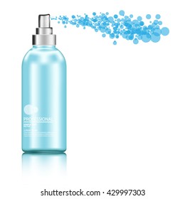 Blue plastic bottle (cosmo round style) with fine mist ribbed sprayer for cosmetic, perfume, deodorant, freshener. Ready for your design. Product packaging collection. Vector illustration. EPS10.