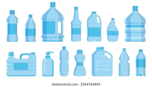 Blue plastic bottle for drinks in a flat design. Set of plastic bottle. Water bottle icons