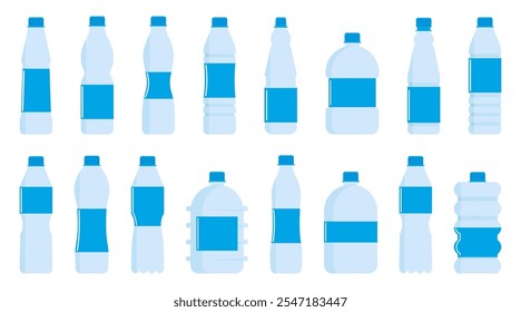 Blue plastic bottle for drinks in a flat design. Set of plastic bottle. Water bottle icons