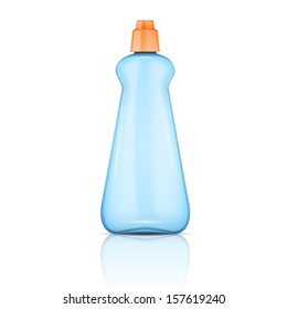 Blue plastic bottle with orange cap for dishwasher rinse or washing-up liquid. Packaging collection. Vector illustration.