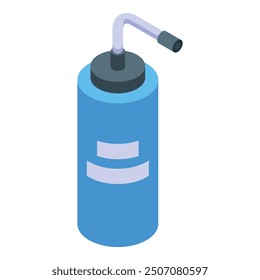 Blue plastic bottle with pump dispenser for liquid soap or sanitizer standing on white background