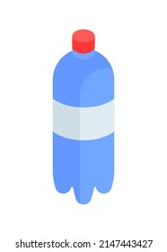 Blue plastic bottle with white cover label and red lid for drink beverage retail isometric vector illustration. Container for liquid beverage water, juice, milk, soda, sweet aqua minimalist 3d icon