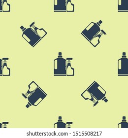 Blue Plastic bottles for liquid laundry detergent, bleach, dishwashing liquid or another cleaning agent icon isolated seamless pattern on yellow background.  Vector Illustration