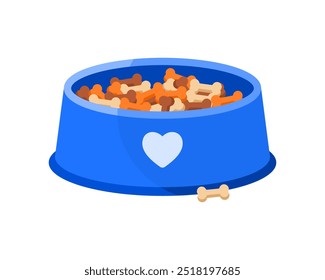 Blue plastic bowl with dry food for dog, crispy bones pile inside plate vector illustration