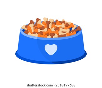 Blue plastic bowl full of dry food for dog, treats in shape of bones vector illustration