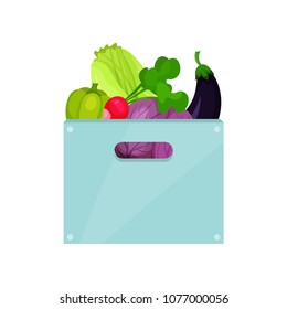 Blue plastic box with natural vegetables. Ingredients of vegetarian nutrition. Organic and healthy food. Flat vector icon