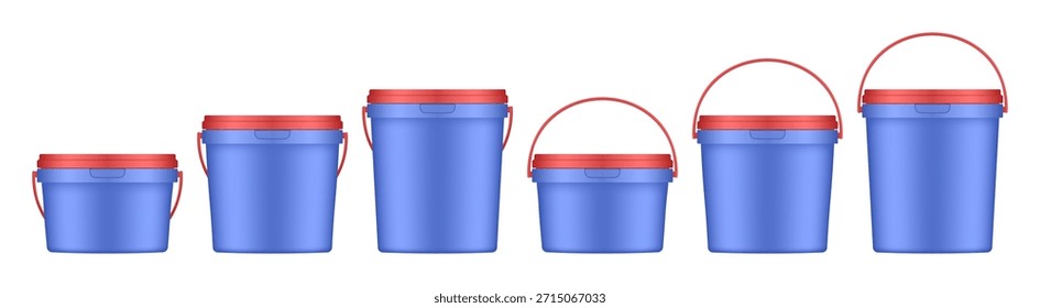 Cubos de plástico azul con asa y tapa rojas. Maqueta de Vector de un empaque de alimentos o mezclas de construcción. Un cubo de pintura o masilla. Tamaños Pequeños, Medianos y Grandes