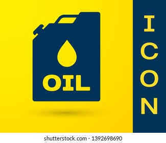 Blue Plastic canister for motor machine oil icon isolated on yellow background. Oil gallon. Oil change service and repair. Engine oil sign. Vector Illustration