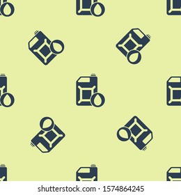 Blue Plastic canister for motor machine oil icon isolated seamless pattern on yellow background. Oil gallon. Oil change service and repair.  Vector Illustration