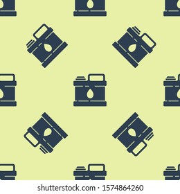 Blue Plastic canister for motor machine oil icon isolated seamless pattern on yellow background. Oil gallon. Oil change service and repair.  Vector Illustration
