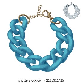 Blue plastic chain necklace vector illustration isolated on white background, chunky jewelry clip art, trendy accesory turquoise color