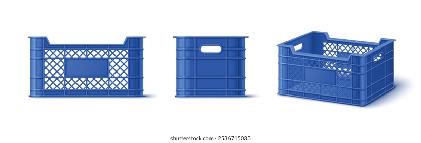 Blue plastic crate box. Fruit and vegetable empty basket for storage. Market container for food packaging and delivery in supermarket. Cargo warehouse tray for farming grocery transportation mockup