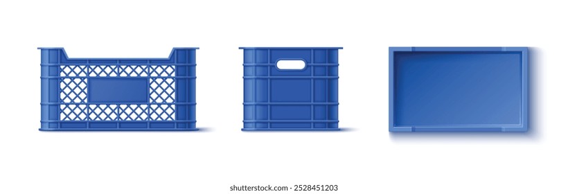 Blue plastic crate box for fruits and vegetables storage. Realistic 3d vector illustration set of empty market or farm warehouse and delivery basket. Reusable container for grocery transportation.