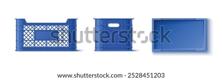 Blue plastic crate box for fruits and vegetables storage. Realistic 3d vector illustration set of empty market or farm warehouse and delivery basket. Reusable container for grocery transportation.