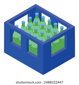 Caja de plástico azul que contiene botellas de vidrio verde llenas de líquido, perfecto para ilustrar conceptos como la entrega de bebidas o el reciclaje