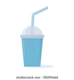Blue plastic cup with lid and straw for coffee, tea, juice, cocktails. Vector illustration