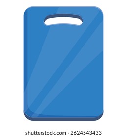 Blue plastic cutting board standing upright with a handle on a white background