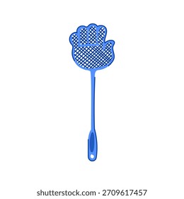 Blue plastic fly swatter with hand shaped grid head and handle, household pest control tool on white background for kitchen, hygiene, and summer insect defense