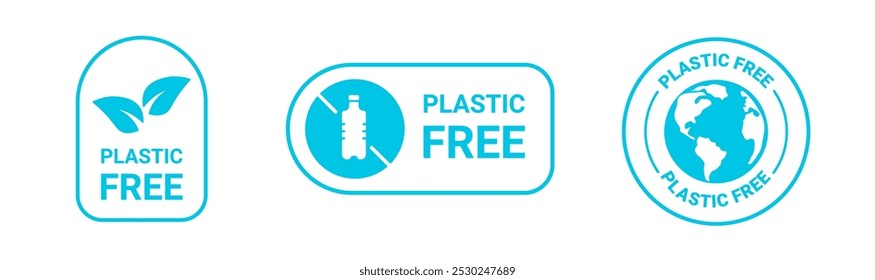 Blue plastic free sticker. Safe planet logo for eco friendly products. Green product for environmental.