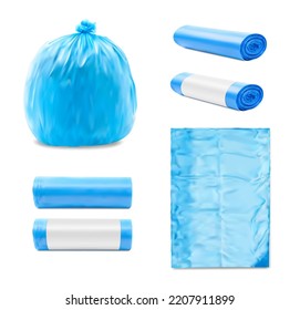 Bolsas de basura de plástico azul, maquetas realistas de basureros o sacos de desechos, vector aislado. Bolsas azules de basura o desperdicios o bolsas de polietileno en rollos, embalajes de basura vacíos y llenos o atados