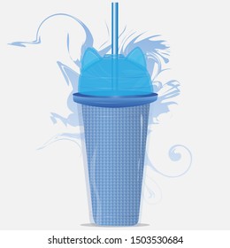 Blue plastic glass with cat ears. Ice pattern. Vector art