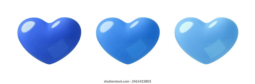 Juego de Vector 3d de corazones de plástico azul. Amor o como iconos tridimensionales realistas. Colección de Elementos decorativos aislados sobre fondo blanco. 