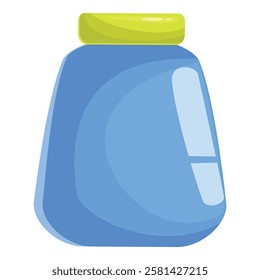 Blue plastic jar with green cap is standing on white background, packaging for vitamins or pills