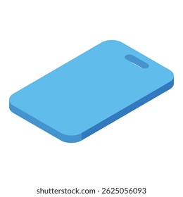 Blue plastic kitchen cutting board is lying on a white background in this isometric view